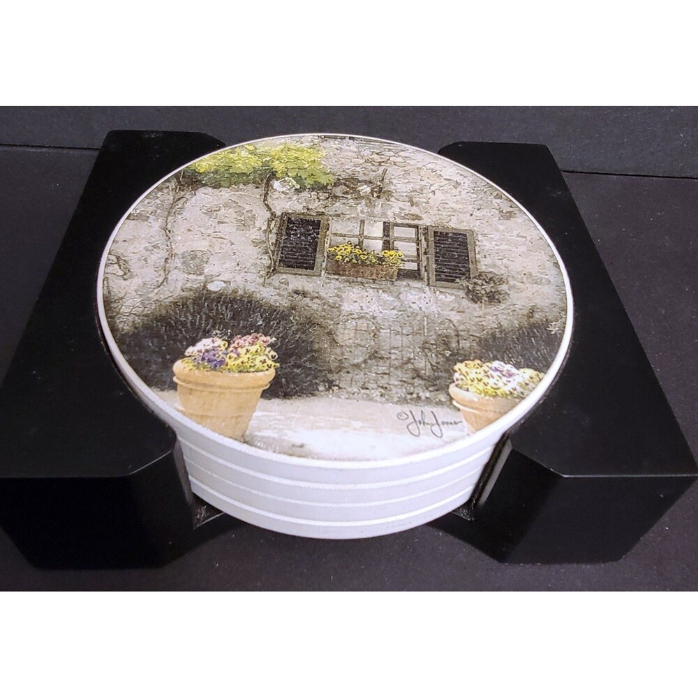 Multicolor Garden Image Stone Coasters w/Cork Bottom 4",  Black Holding Case 5"